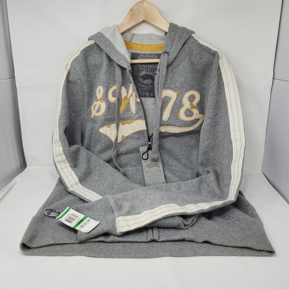 NWT Mens Slade Wilder Grey‎ Zip Hoodie White Striped Sleeves Size Large